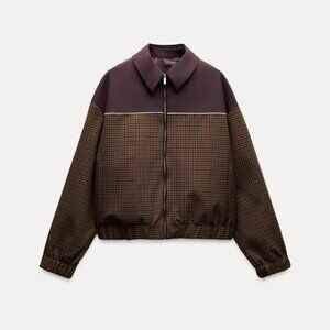 Zara Checkered Bomber Jacket Brown